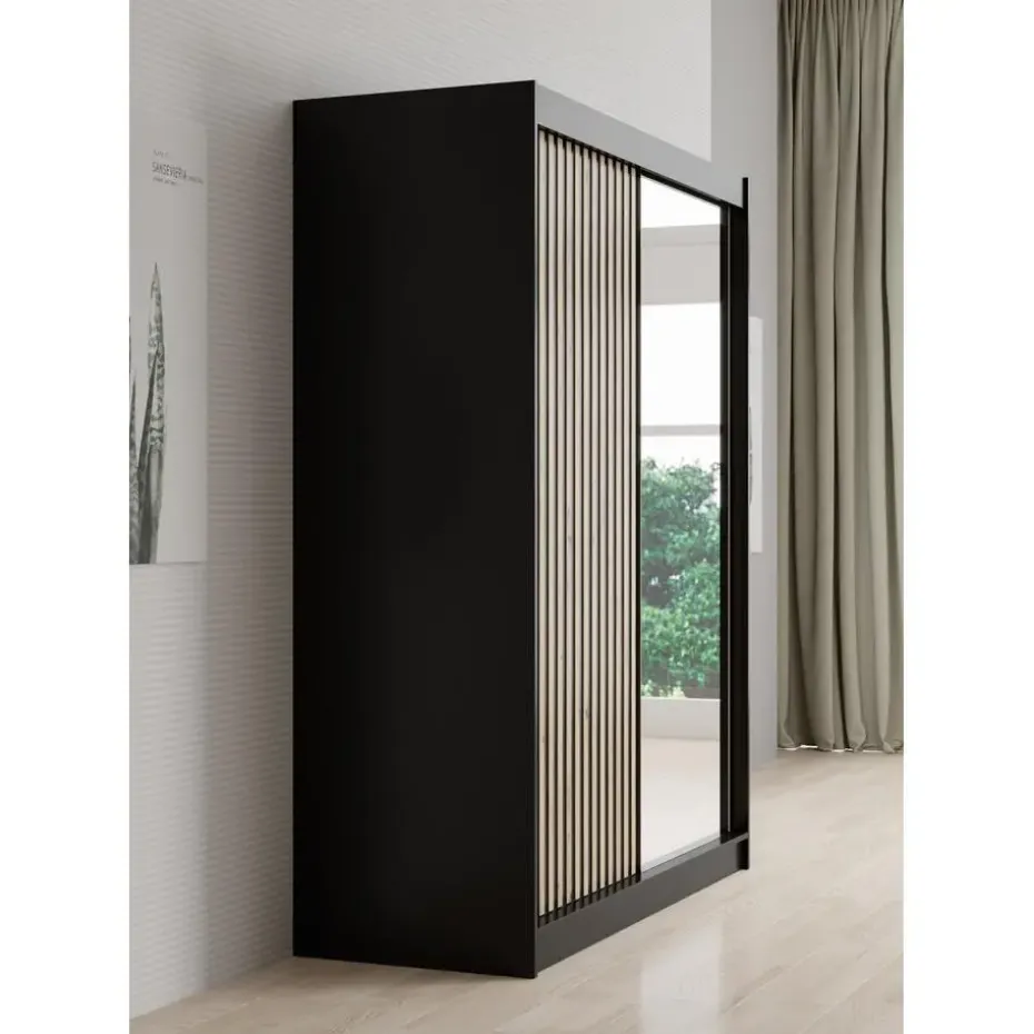 Meubella - Kledingkast Lisbon 2 - Zwart - 150 cm - Met spiegel