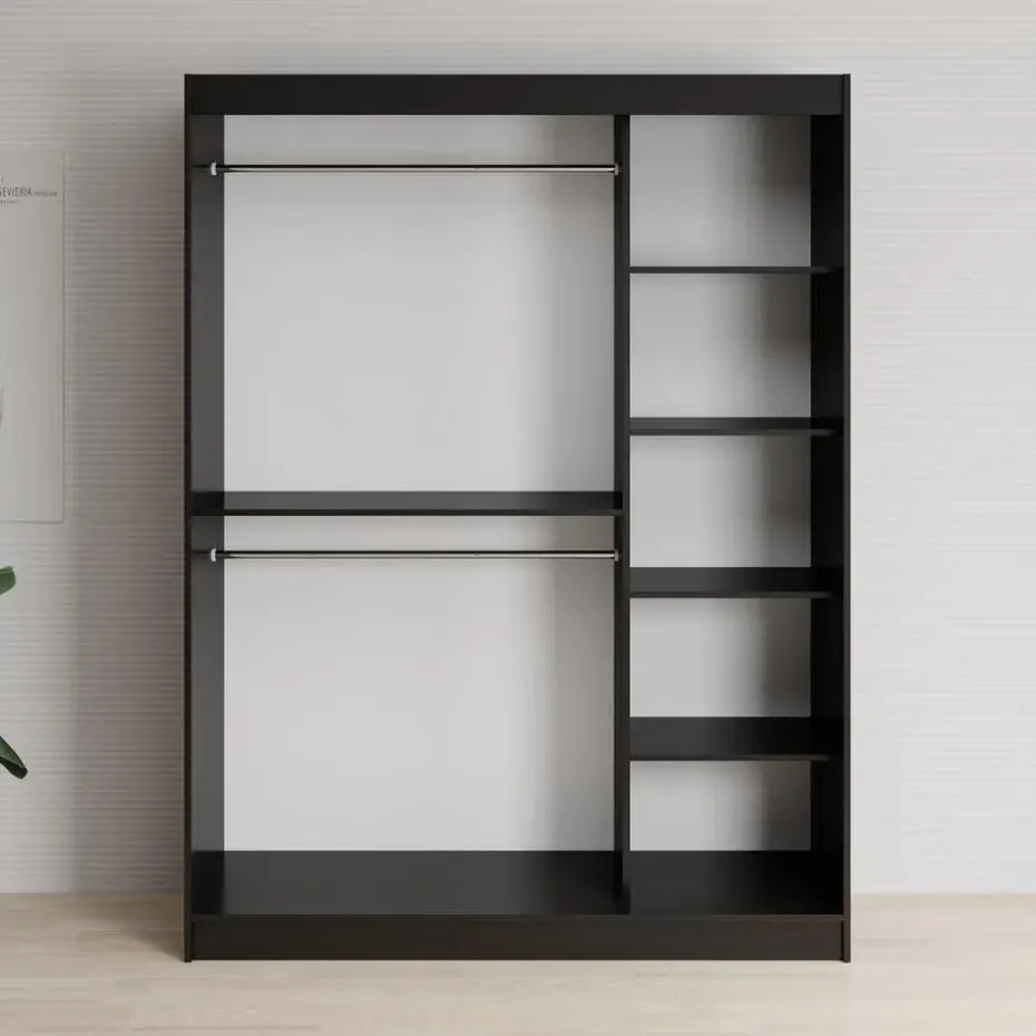 Meubella - Kledingkast Lisbon 2 - Zwart - 150 cm - Met spiegel