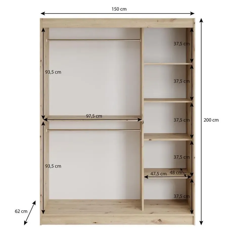 Meubella - Kledingkast Lisbon 2 - Zwart - 150 cm - Met spiegel