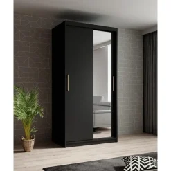 Meubella - Kledingkast Mandalin - Zwart - 100 cm - Met spiegel