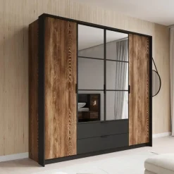 Meubella - Kledingkast Mulvey - Eiken - Antraciet - 220 cm - Met spiegel