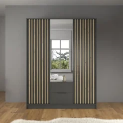 Meubella - Kledingkast Nairobi - Antraciet - Eiken - 155 cm - Met spiegel