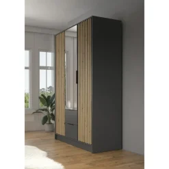 Meubella - Kledingkast Nairobi - Antraciet - Eiken - 155 cm - Met spiegel