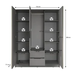 Meubella - Kledingkast Nairobi - Antraciet - Eiken - 155 cm - Met spiegel