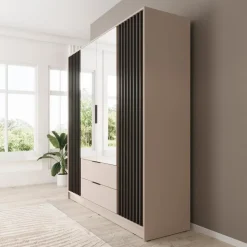 Meubella - Kledingkast Nairobi - Beige - Zwart - 206 cm - met spiegel