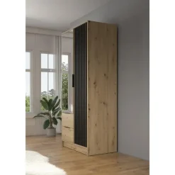 Meubella - Kledingkast Nairobi - Eiken - Zwart - 105 cm - Met spiegel