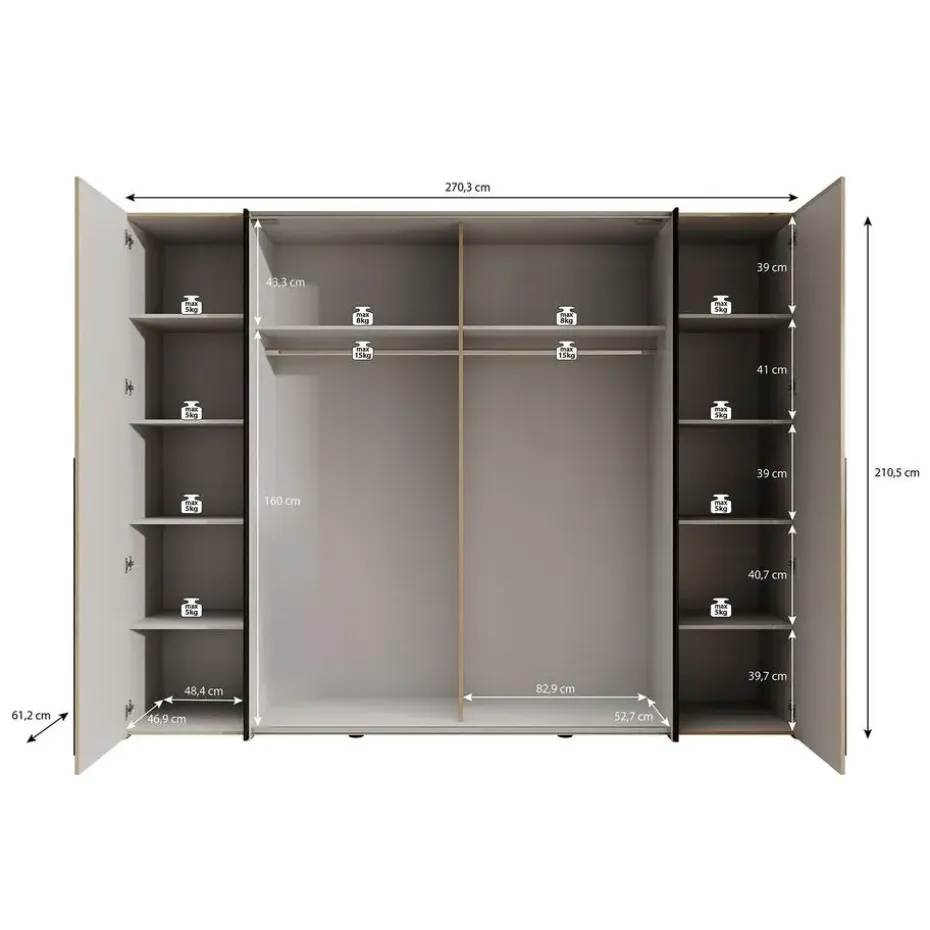 Meubella - Kledingkast Nassau - Eiken - Grijs - 270 cm