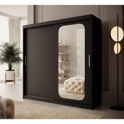 Meubella - Kledingkast Pete - Zwart - 200 cm - Met spiegel