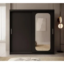 Meubella - Kledingkast Pete - Zwart - 200 cm - Met spiegel