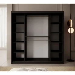 Meubella - Kledingkast Pete - Zwart - 200 cm - Met spiegel