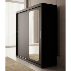 Meubella - Kledingkast Pete - Zwart - 200 cm - Met spiegel