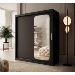 Meubella - Kledingkast Pete - Zwart - 180 cm - Met spiegel