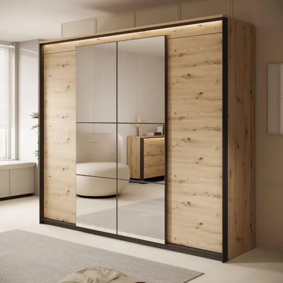 Meubella - Kledingkast Quarry - Eiken - 250 cm - Met spiegel