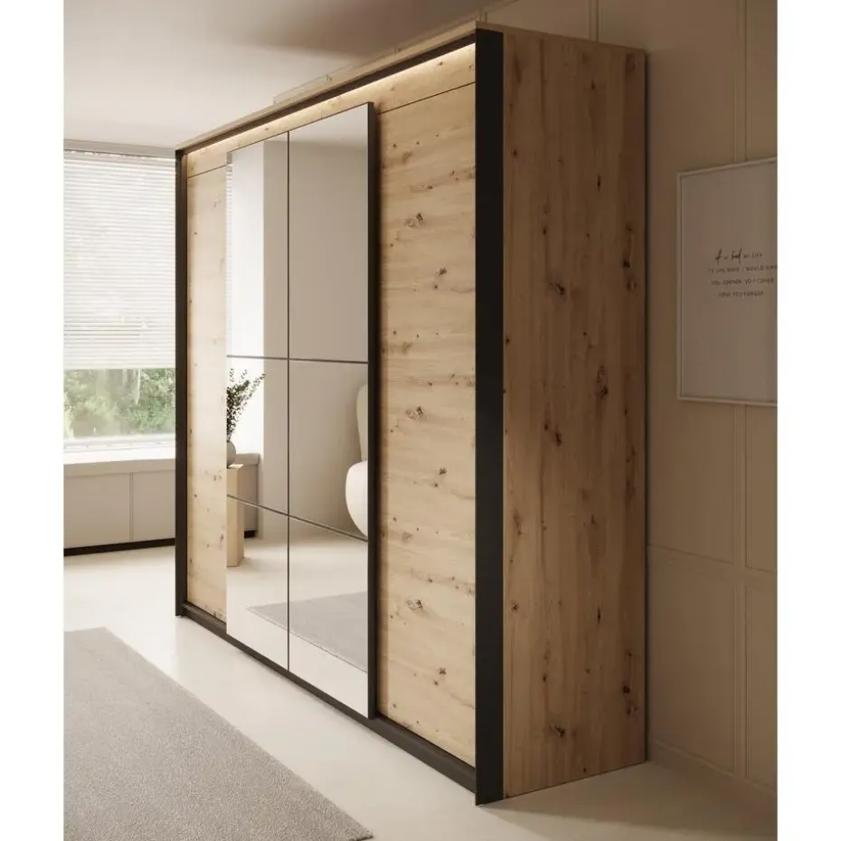 Meubella - Kledingkast Quarry - Eiken - 250 cm - Met spiegel