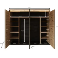 Meubella - Kledingkast Quarry - Eiken - 250 cm - Met spiegel