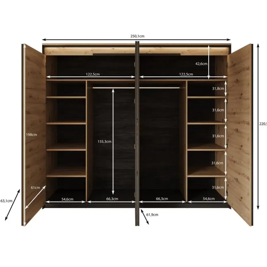 Meubella - Kledingkast Quarry - Eiken - 250 cm - Met spiegel