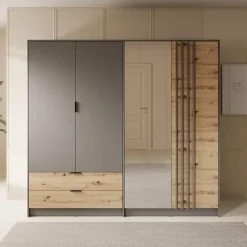 Meubella - Kledingkast Roma - Grijs - Eiken - 221 cm - Met spiegel