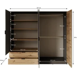 Meubella - Kledingkast Roma - Grijs - Eiken - 221 cm - Met spiegel