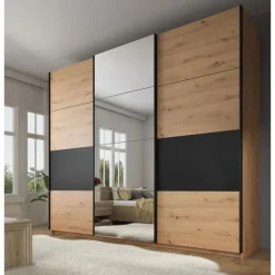 Meubella - Kledingkast Saturn - Eiken - Zwart - 263 cm - Met spiegel