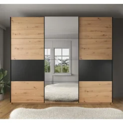 Meubella - Kledingkast Saturn - Eiken - Zwart - 263 cm - Met spiegel