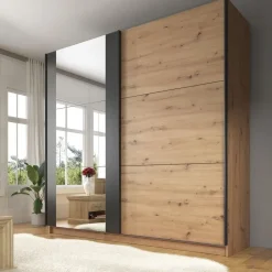 Meubella - Kledingkast Saturn - Eiken - Zwart - 217 cm - Met spiegel