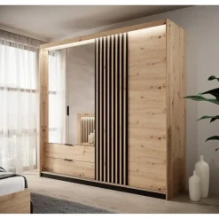 Meubella - Kledingkast Tasha - Eiken - Antraciet - 220 cm - Met spiegel