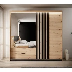 Meubella - Kledingkast Tasha - Eiken - Antraciet - 220 cm - Met spiegel