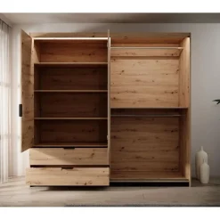 Meubella - Kledingkast Tasha - Eiken - Antraciet - 220 cm - Met spiegel