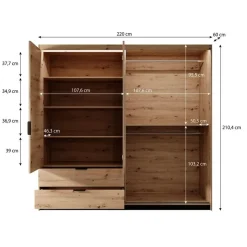 Meubella - Kledingkast Tasha - Eiken - Antraciet - 220 cm - Met spiegel