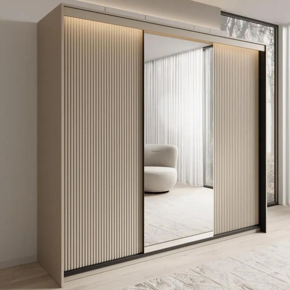 Meubella - Kledingkast Timoteo - Beige - 250 cm - Met spiegel