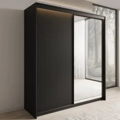 Meubella - Kledingkast Timoteo - Zwart - 200 cm - Met spiegel