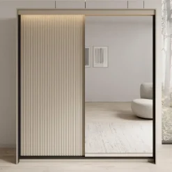 Meubella - Kledingkast Timoteo - Beige - 200 cm - Met spiegel