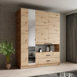 Meubella - Kledingkast Tobin - Eiken - 158 cm - Met spiegel