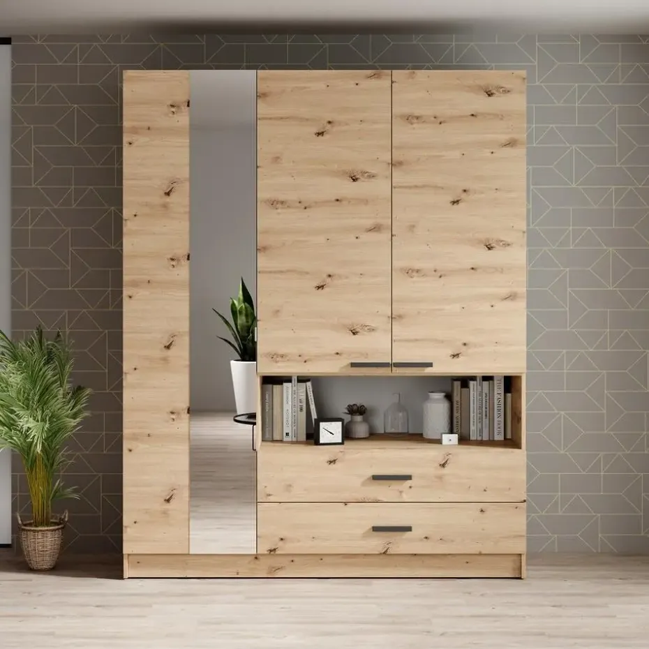 Meubella - Kledingkast Tobin - Eiken - 158 cm - Met spiegel