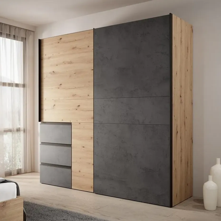 Meubella - Kledingkast Walter - Eiken - Grijs - 200 cm