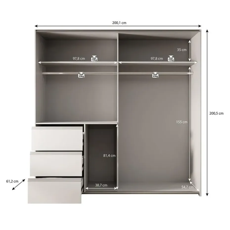 Meubella - Kledingkast Walter - Eiken - Grijs - 200 cm