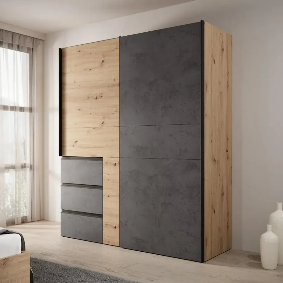 Meubella - Kledingkast Walter - Eiken - Grijs - 170 cm