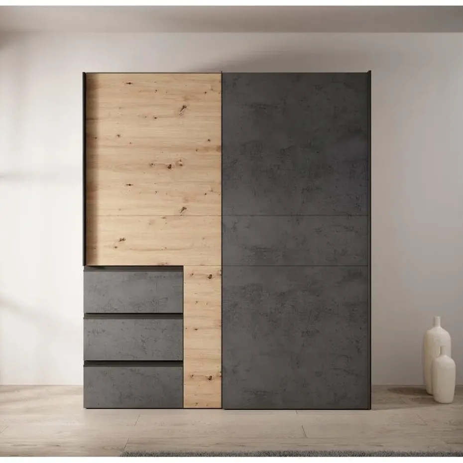 Meubella - Kledingkast Walter - Eiken - Grijs - 170 cm