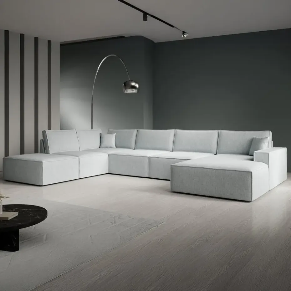 Meubella - Manolo - Hoekbank 5-zits met chaise longue - Stof grijs - Rechts