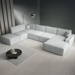 Meubella - Manolo - Hoekbank 5-zits met chaise longue - Stof grijs - Rechts