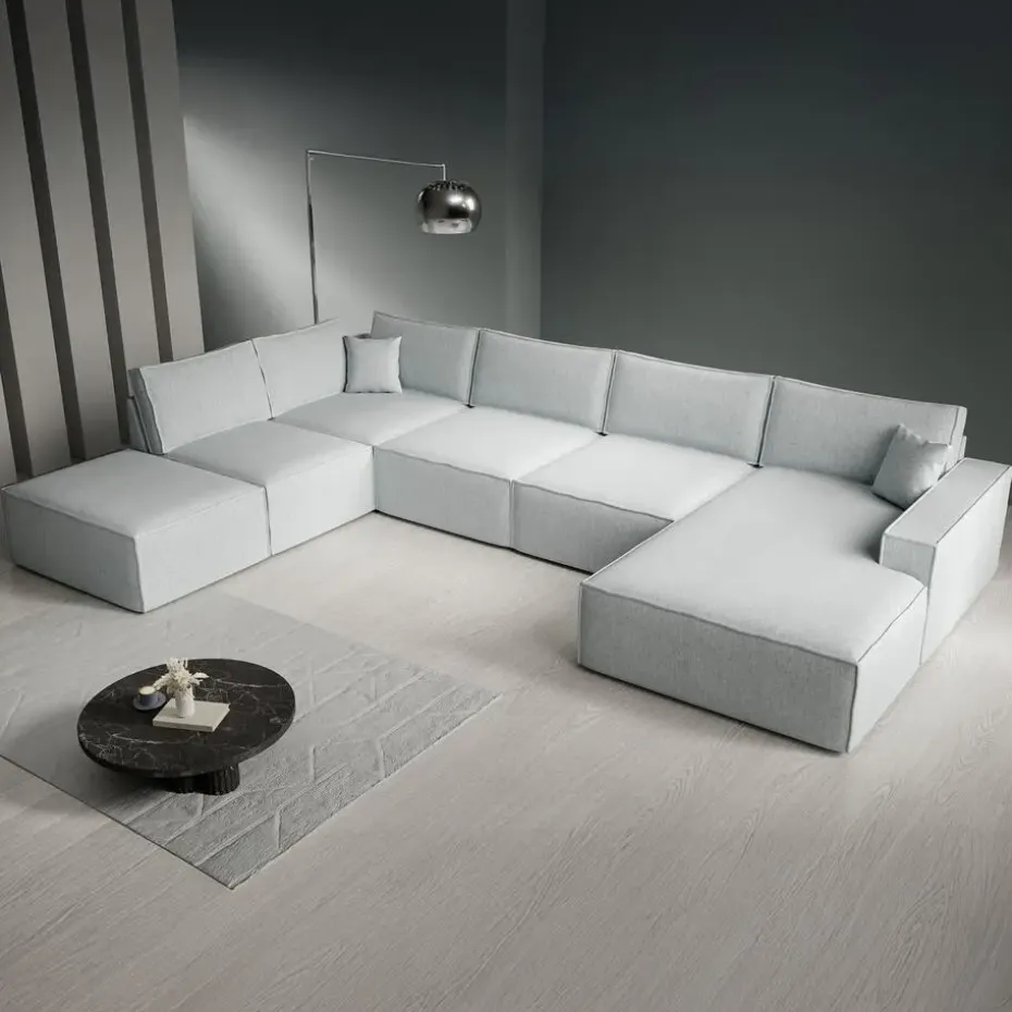 Meubella - Manolo - Hoekbank 5-zits met chaise longue - Stof grijs - Rechts