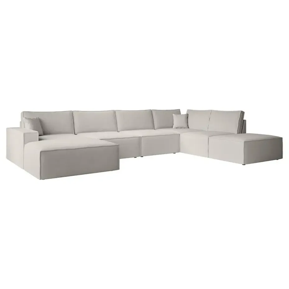 Meubella - Manolo - Hoekbank 5-zits met chaise longue - Stof beige - Links