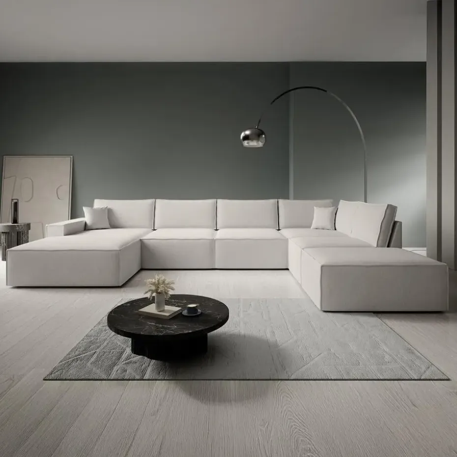 Meubella - Manolo - Hoekbank 5-zits met chaise longue - Stof beige - Links