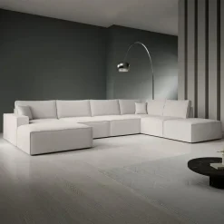 Meubella - Manolo - Hoekbank 5-zits met chaise longue - Stof beige - Links