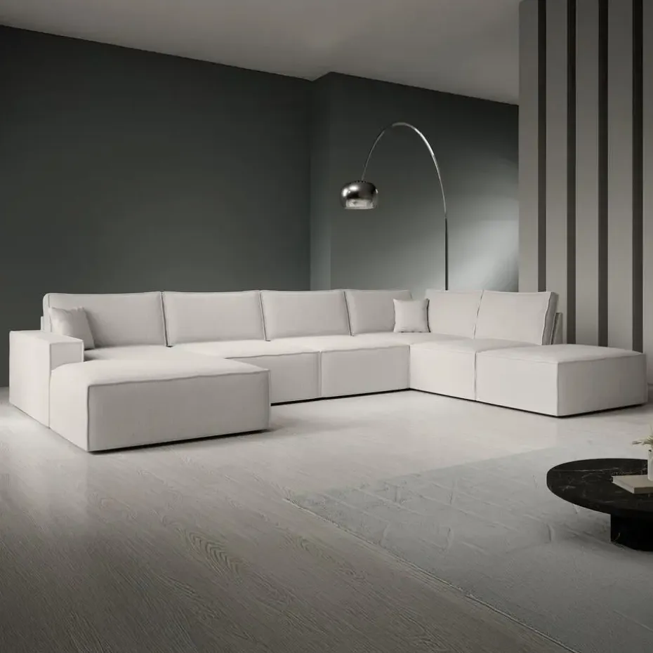 Meubella - Manolo - Hoekbank 5-zits met chaise longue - Stof beige - Links