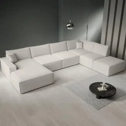 Meubella - Manolo - Hoekbank 5-zits met chaise longue - Stof beige - Links