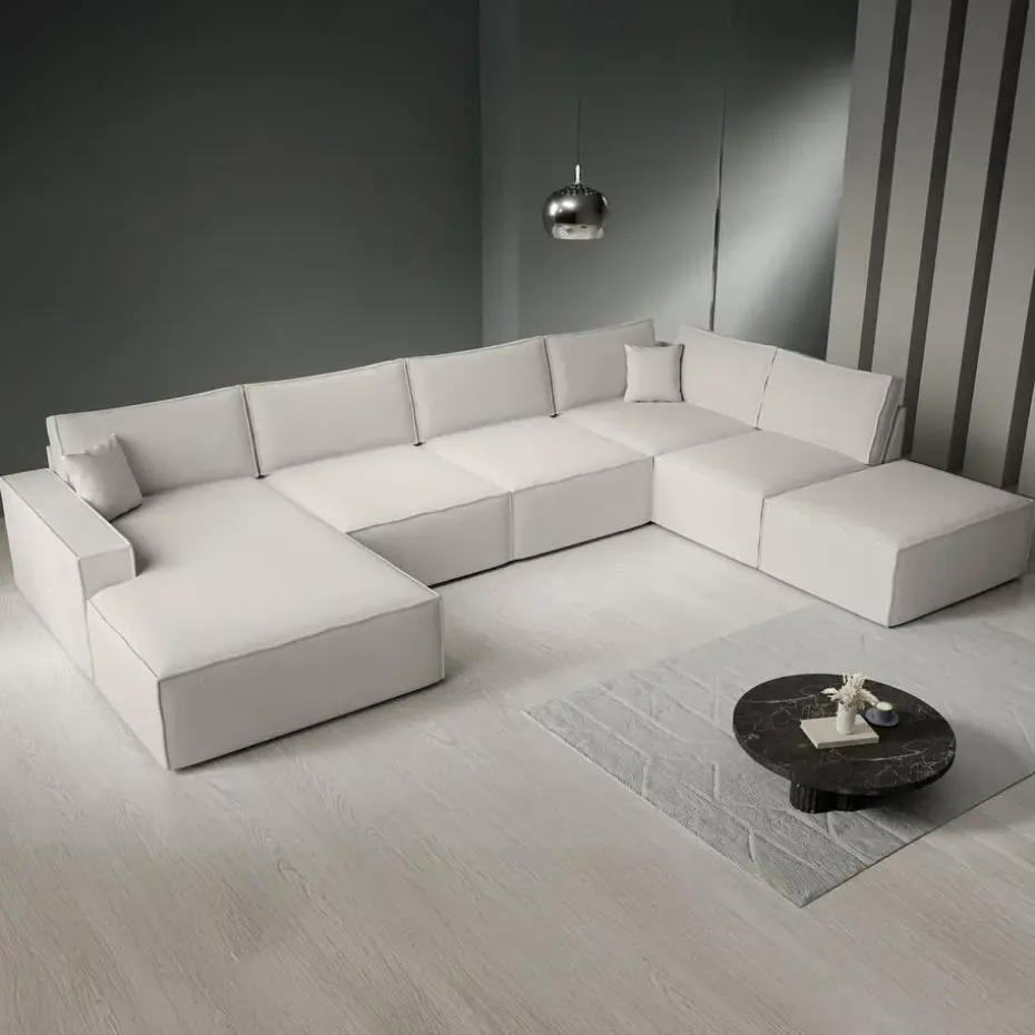 Meubella - Manolo - Hoekbank 5-zits met chaise longue - Stof beige - Links