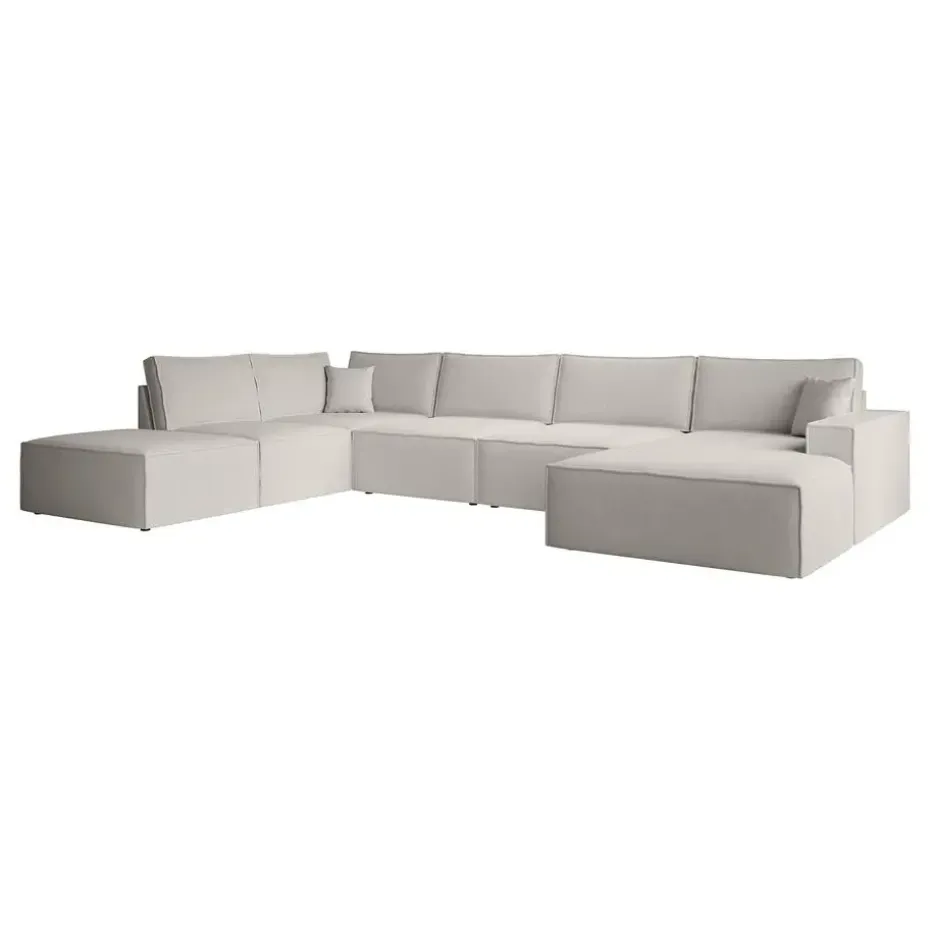 Meubella - Manolo - Hoekbank 5-zits met chaise longue - Stof beige - Rechts