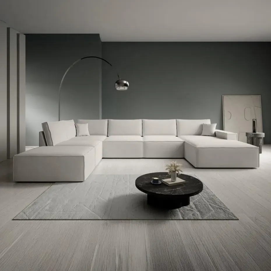 Meubella - Manolo - Hoekbank 5-zits met chaise longue - Stof beige - Rechts