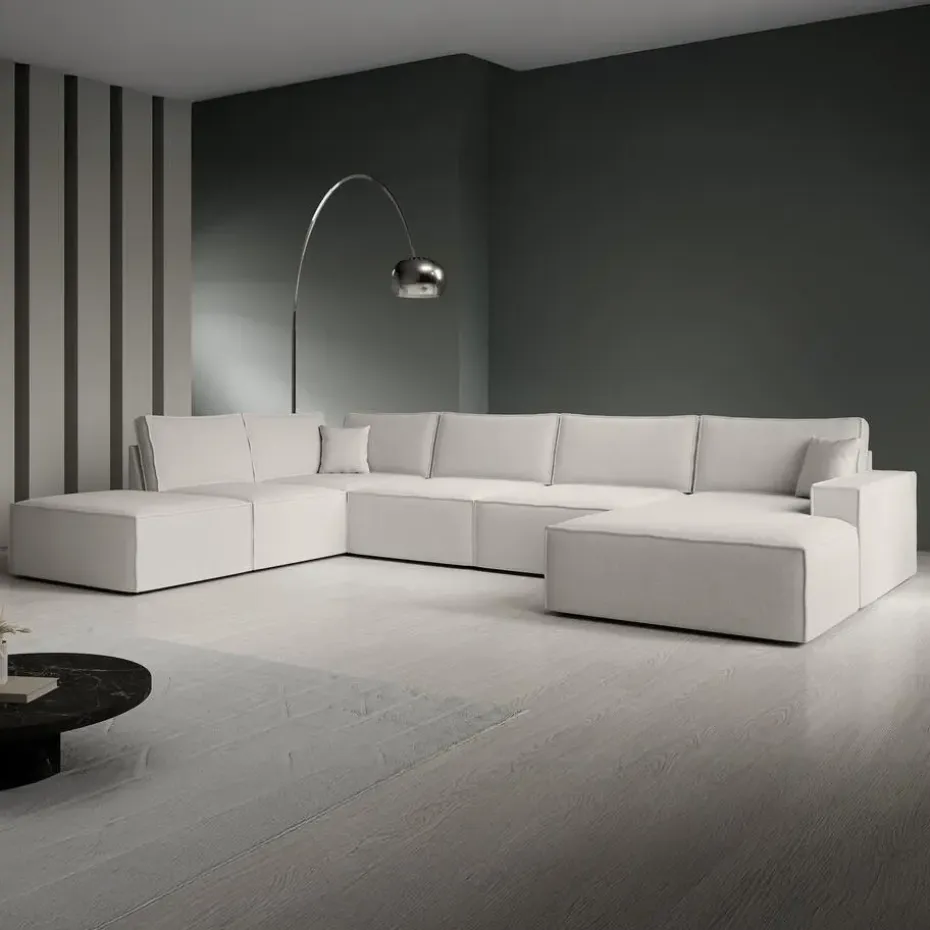 Meubella - Manolo - Hoekbank 5-zits met chaise longue - Stof beige - Rechts